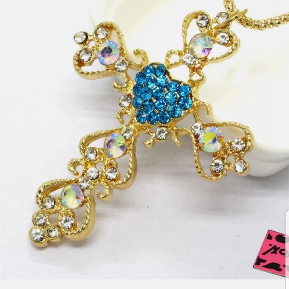 NWOT-BJ-Blue Cross Prayer Crystal Necklace - Picture 4 of 6